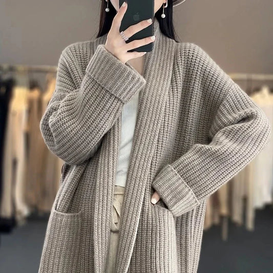 Women's longline rib-knit relaxed fit cardigan sweater with open front and patch pockets – Khaki