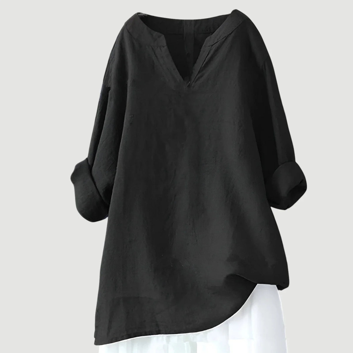 Women's loose-fit linen long-sleeve blouse with V-neck and rolled sleeves – Black
