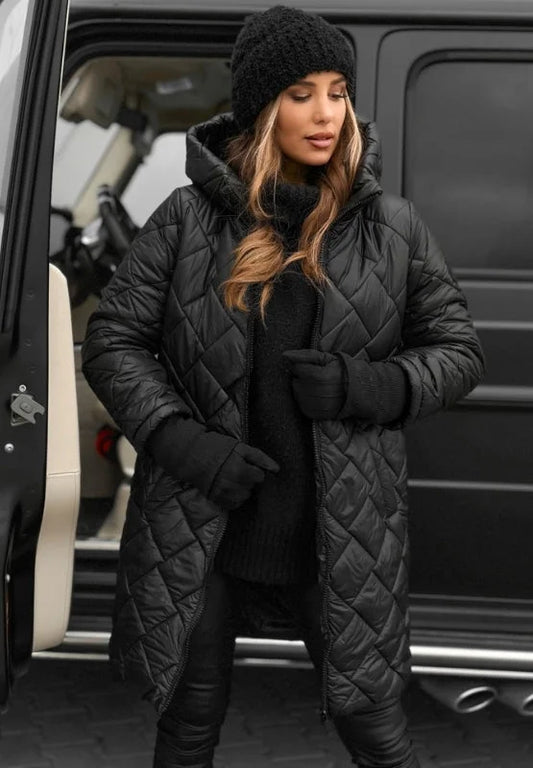 Women's metallic quilted hooded long puffer coat with zip closure – Black