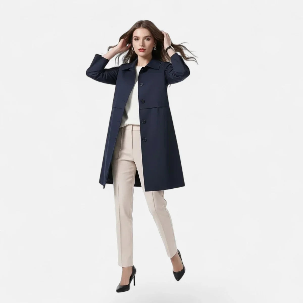 Women's mid-length wool-blend double-breasted trench coat