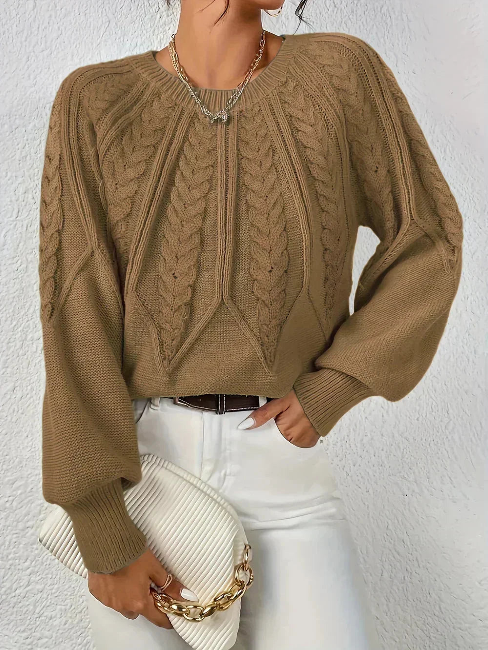 Women's modern cable knit long sleeve knit sweater with crew neck and voluminous sleeves – Brown