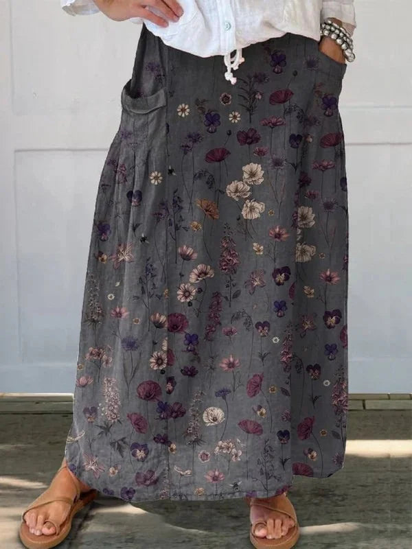Women's multi-color floral relaxed maxi skirt with side pockets – Black