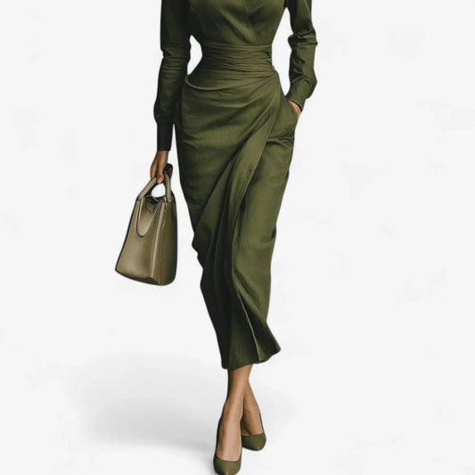 Women's long-sleeve collared midi wrap dress with belted waist – Dark Green