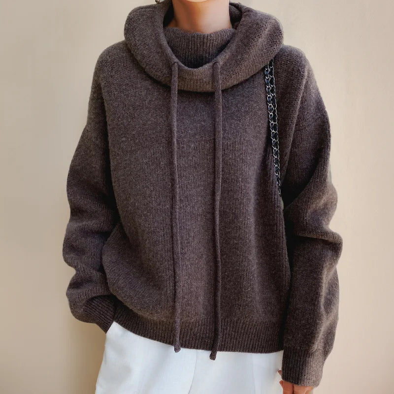 Women's knit hoodie with drawstring cowl-neck and dropped-shoulder – Brown
