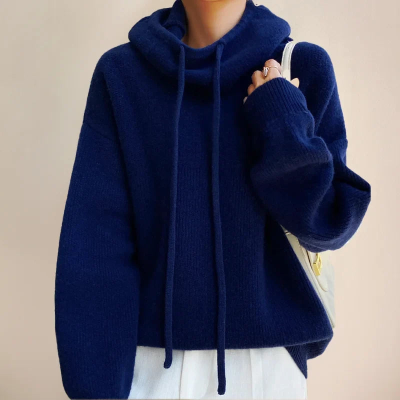 Women's knit hoodie with drawstring cowl-neck and dropped-shoulder – Dark Blue