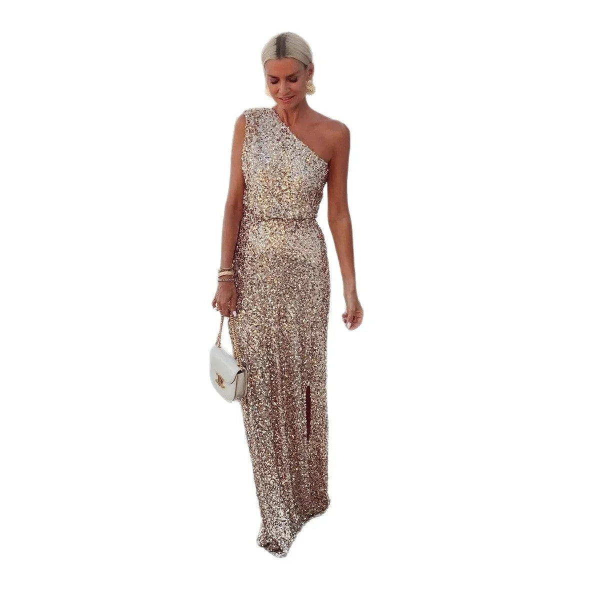 Women's one-shoulder sequin cocktail dress maxi side slit – Champagne