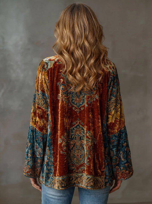 Women's ornate velvet boho kimono denim jacket with wide bell sleeves