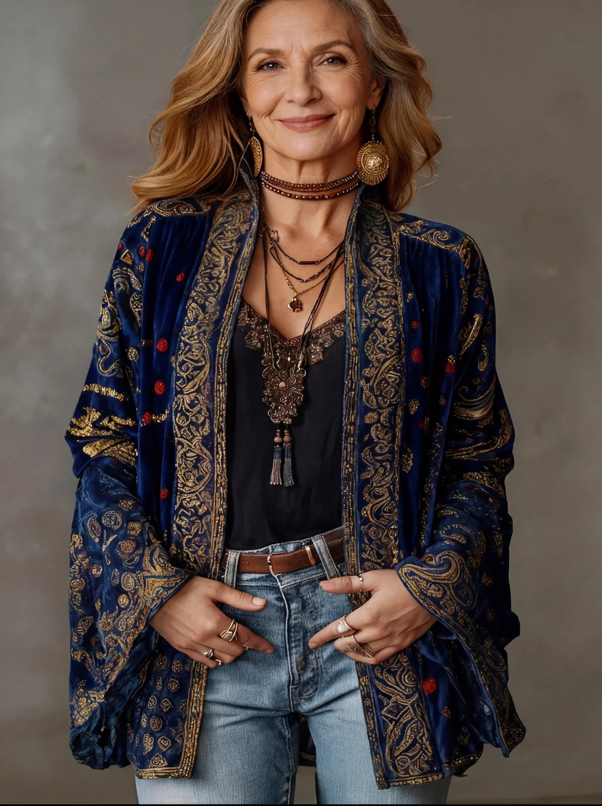 Women's ornate velvet boho kimono denim jacket with wide bell sleeves – Blue