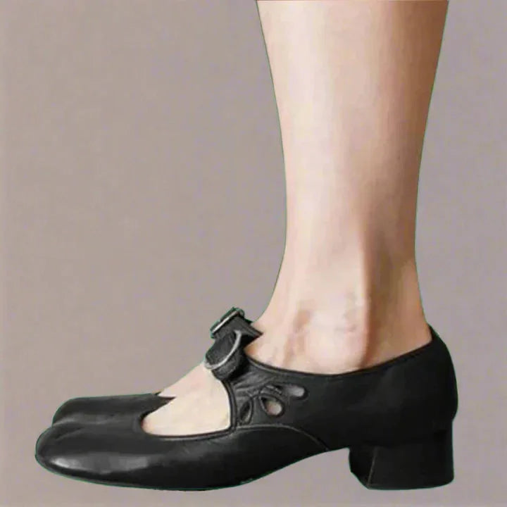 Women's comfort adjustable leather cut-out sandals with Mary-Jane buckle strap – Black