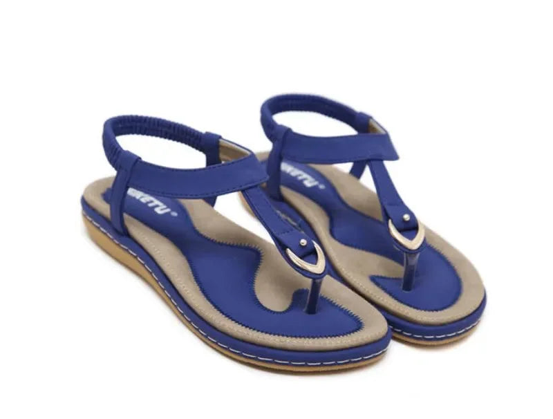 Women's comfort arch-support flat T-strap sandals with elastic ankle strap