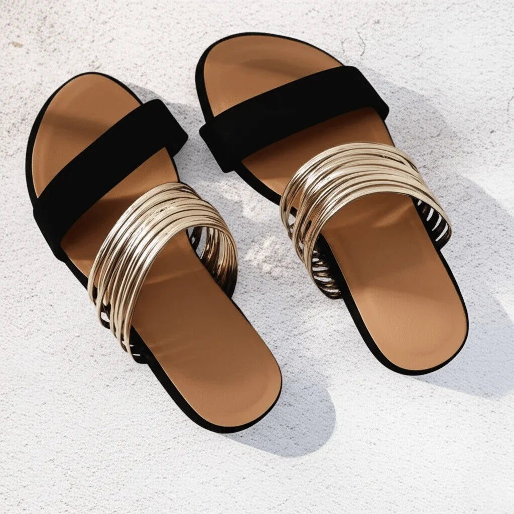 Women's comfort flat multi-strap metallic slide sandals with wide toe band