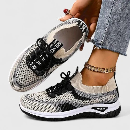 Women's comfort knit-mesh walking sneakers with lace-up striped design