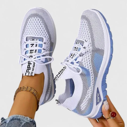 Women's comfort knit-mesh walking sneakers with lace-up striped design – Blue
