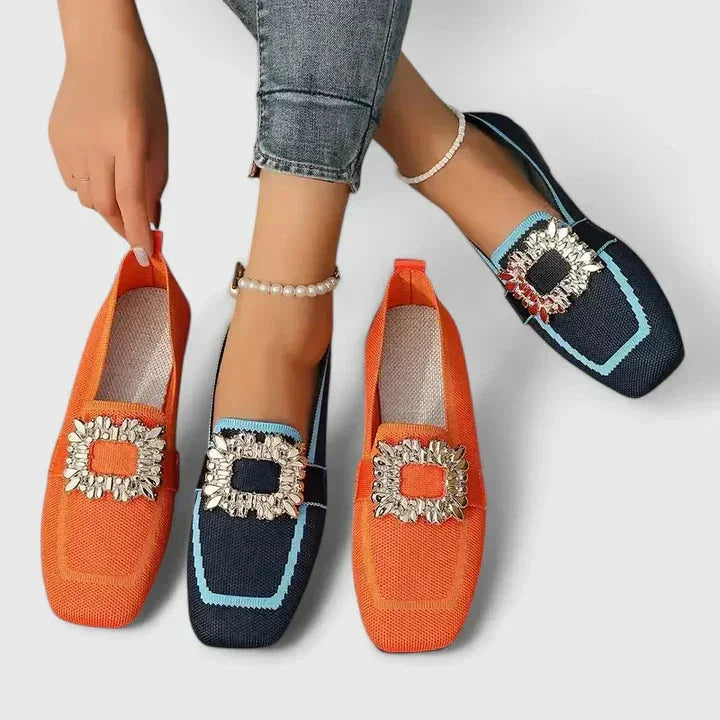 Women's comfort knit square-toe loafers with rhinestone buckle