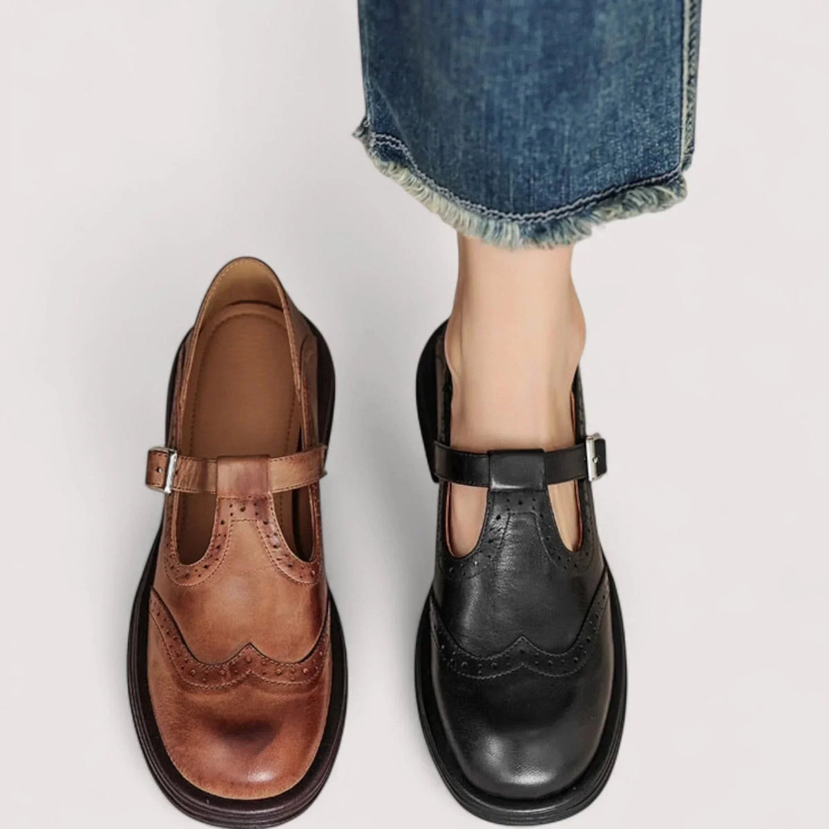 Women's comfort leather Mary Jane shoes with T-strap and brogue details