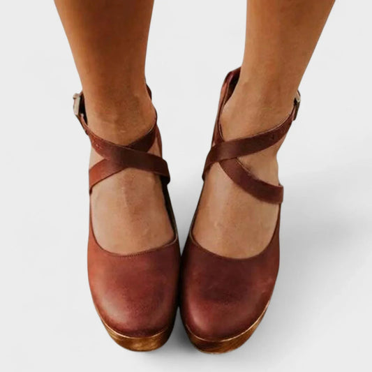 Women's comfort leather platform closed-toe sandals with ankle-strap buckle