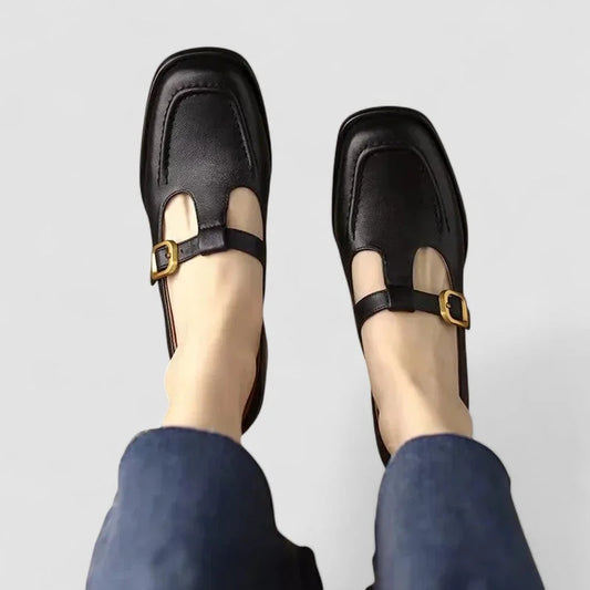 Women's comfort leather T-strap Mary-Jane flats with square-toe and buckle – Black