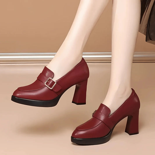 Women's comfort loafer-style platform block-heel pumps with buckle – Red