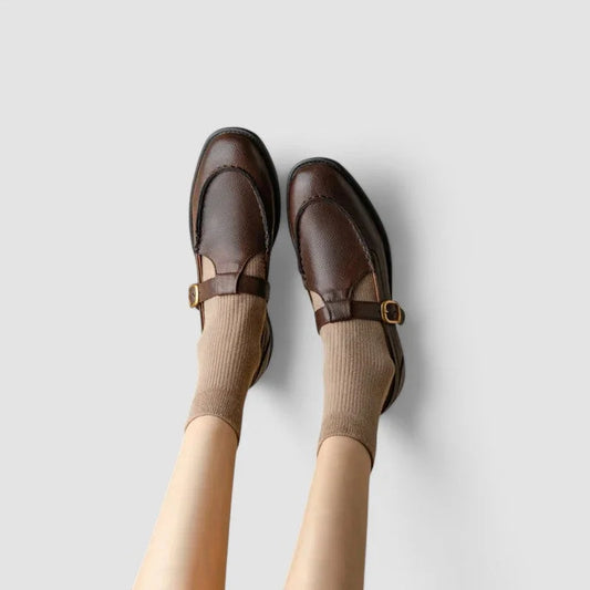 Women's comfort square-toe leather Mary Jane shoes with buckle strap – Brown