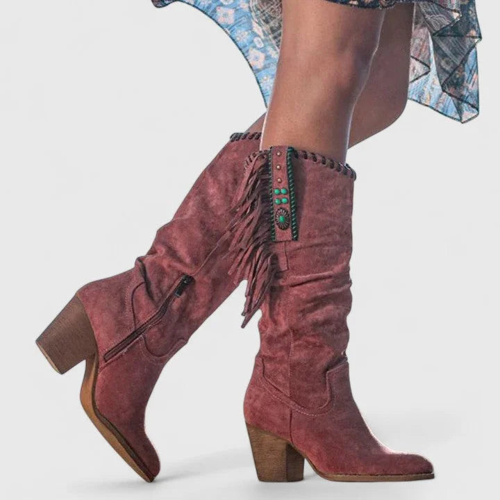 Women's comfort suede knee-high western boots with fringe and block heel – Red