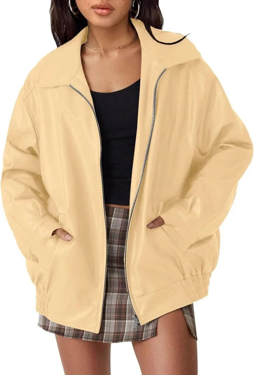Women's oversized faux leather bomber jacket zip-up – Apricot