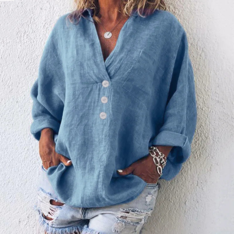 Women's oversized V-neck top with button-front long sleeves and chest pocket – Blue