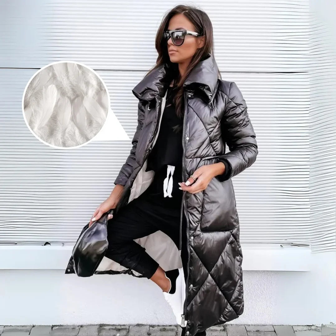 Women's padded long puffer coat with quilted design and stand-up collar