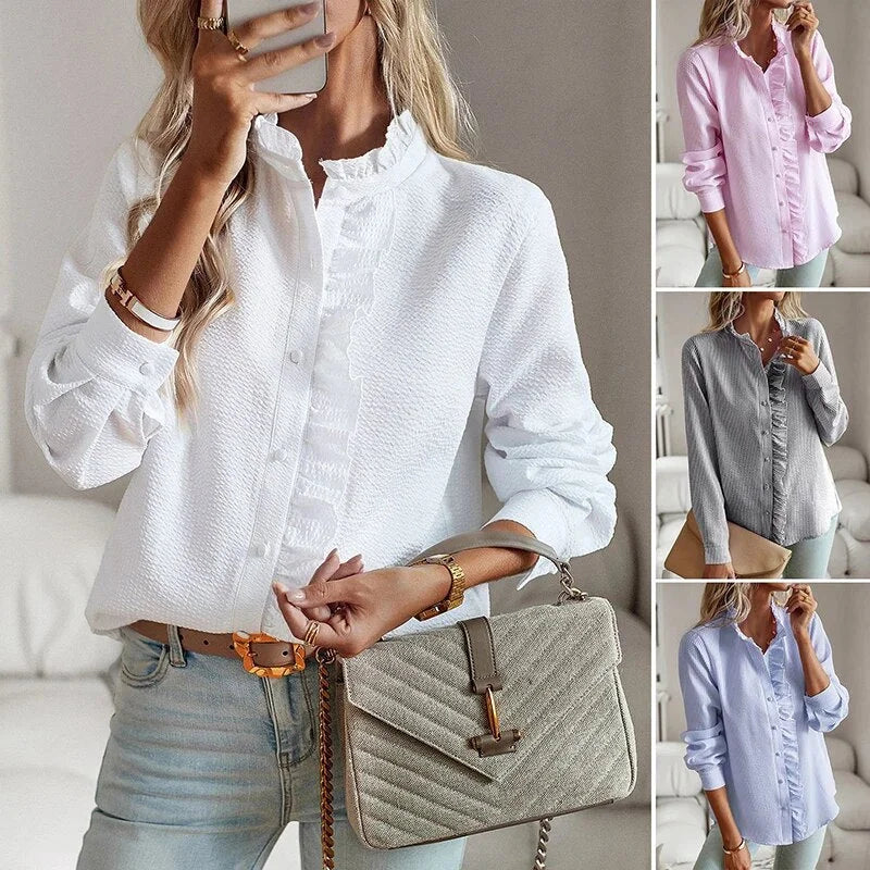 Women's pale textured striped blouse with long sleeves and ruffled stand-collar