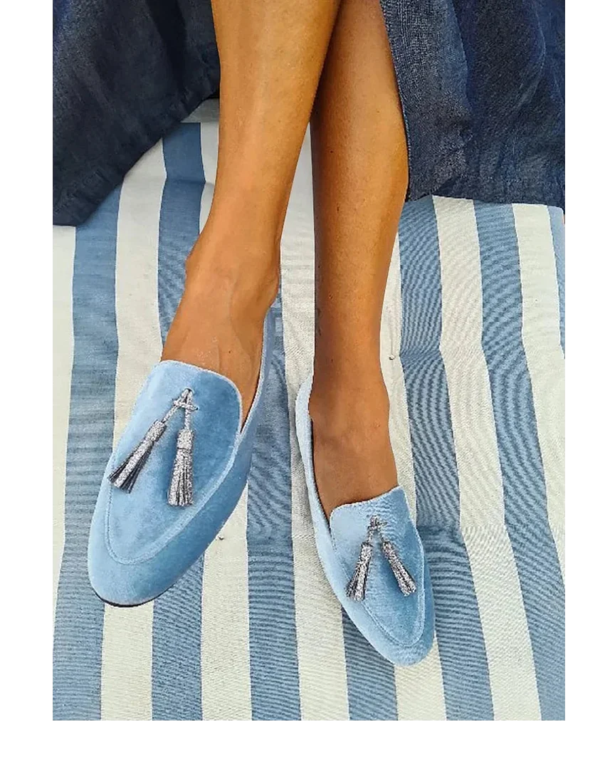 Women's pale velvet tassel-adorned slip-on mules with pointed toe – Blue