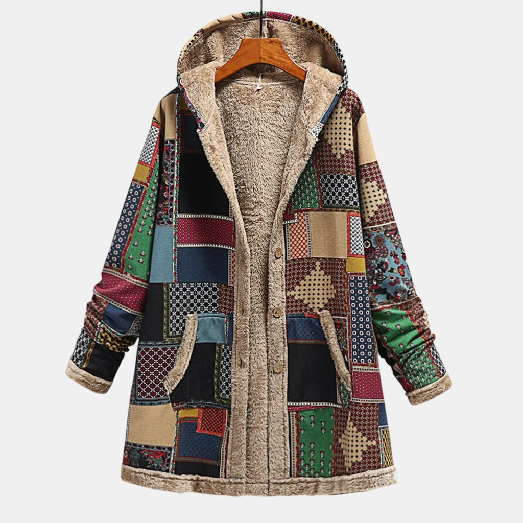 Women's patchwork hooded fleece-lined coat with button closure – Multicolor