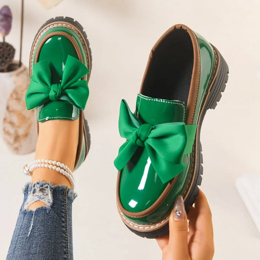 Women's patent bow platform slip-on loafers with chunky sole – Green