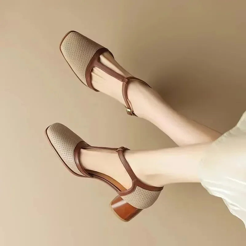 Women's perforated T-strap square-toe block-heel mid-heel pumps