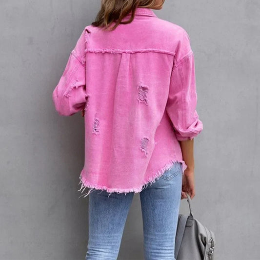 Women's distressed denim jacket with button-front and frayed hem