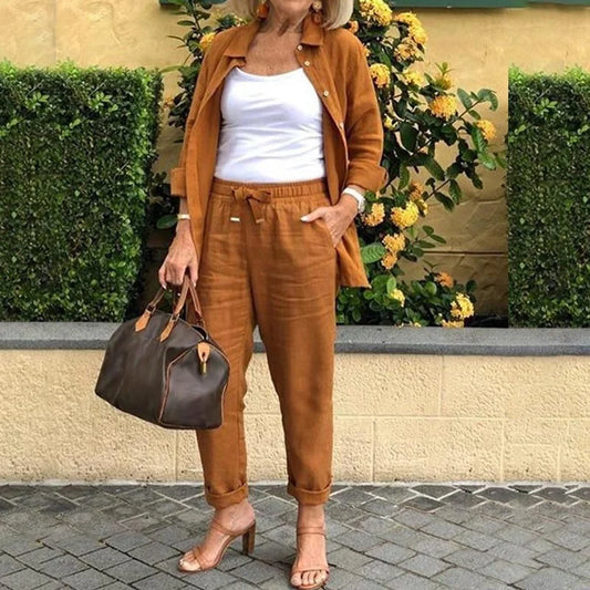 Women's linen denim jacket and drawstring pants set – Brown