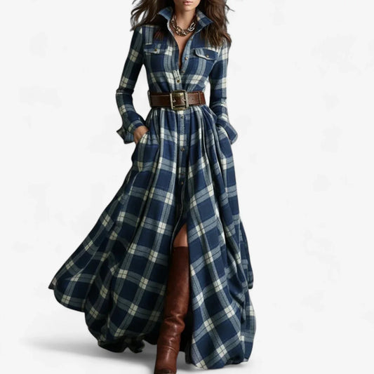 Women's plaid flannel long-sleeve shirt maxi dress with belted button-front – Blue