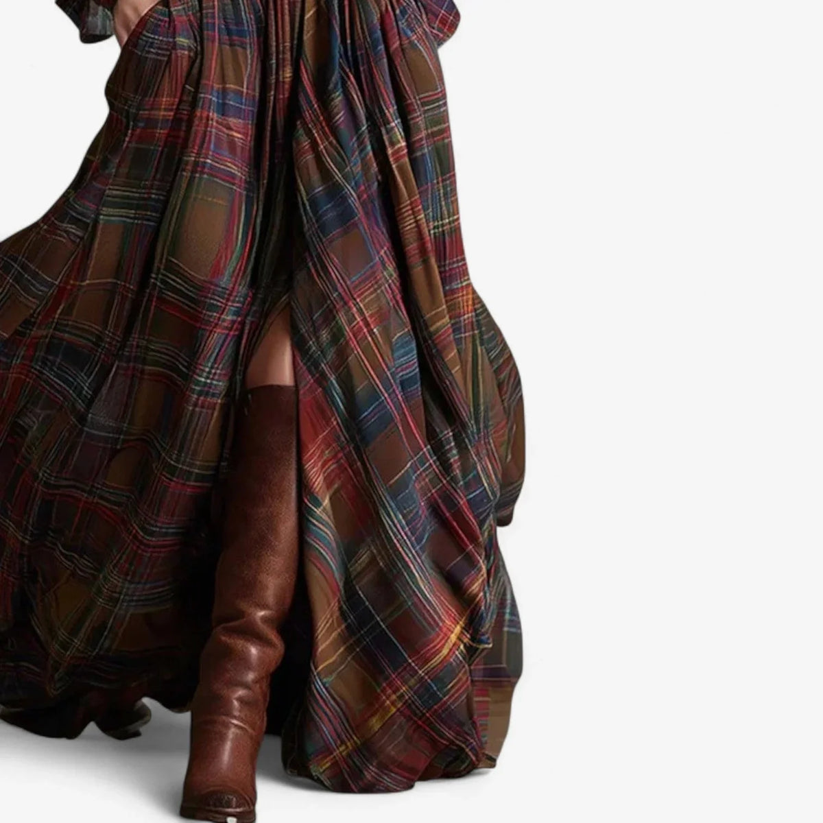 Women's plaid flannel long-sleeve shirt maxi dress with belted button-front