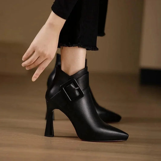 Women's pointed-toe high-heel ankle boots with buckle strap – Black