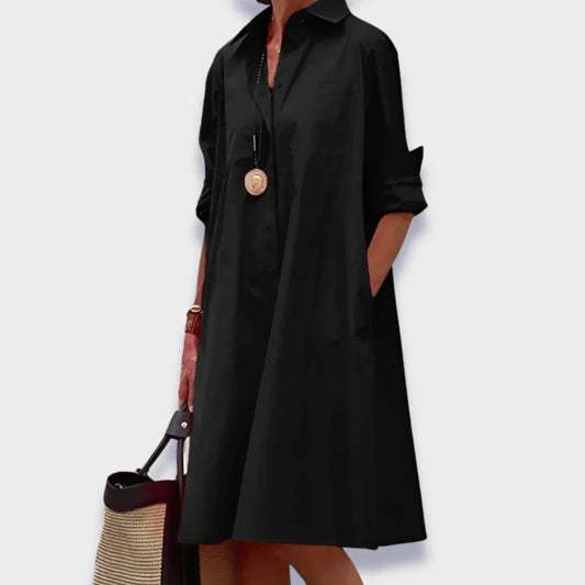 Women's polo midi dress with collared button-front long sleeves and pockets – Black