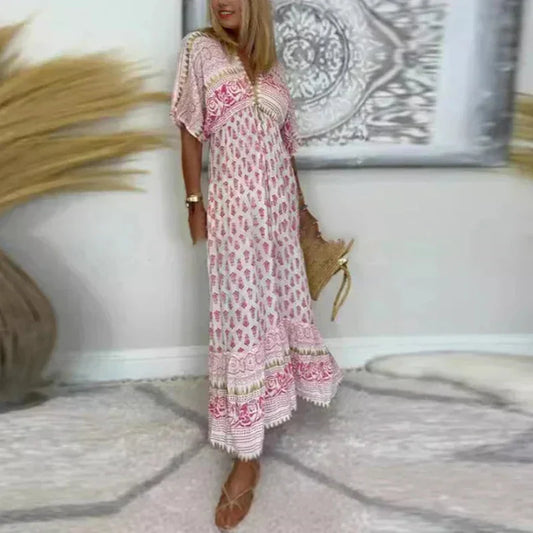 Women's printed boho maxi dress with V-neck and short sleeves – Pink