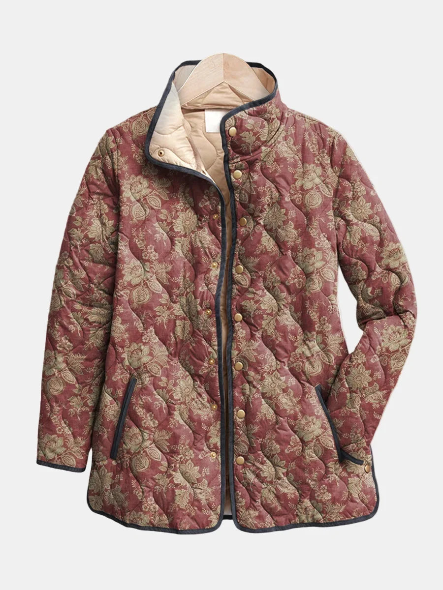 Women's quilted floral print jacket with snap-button front and stand collar – Dark Pink