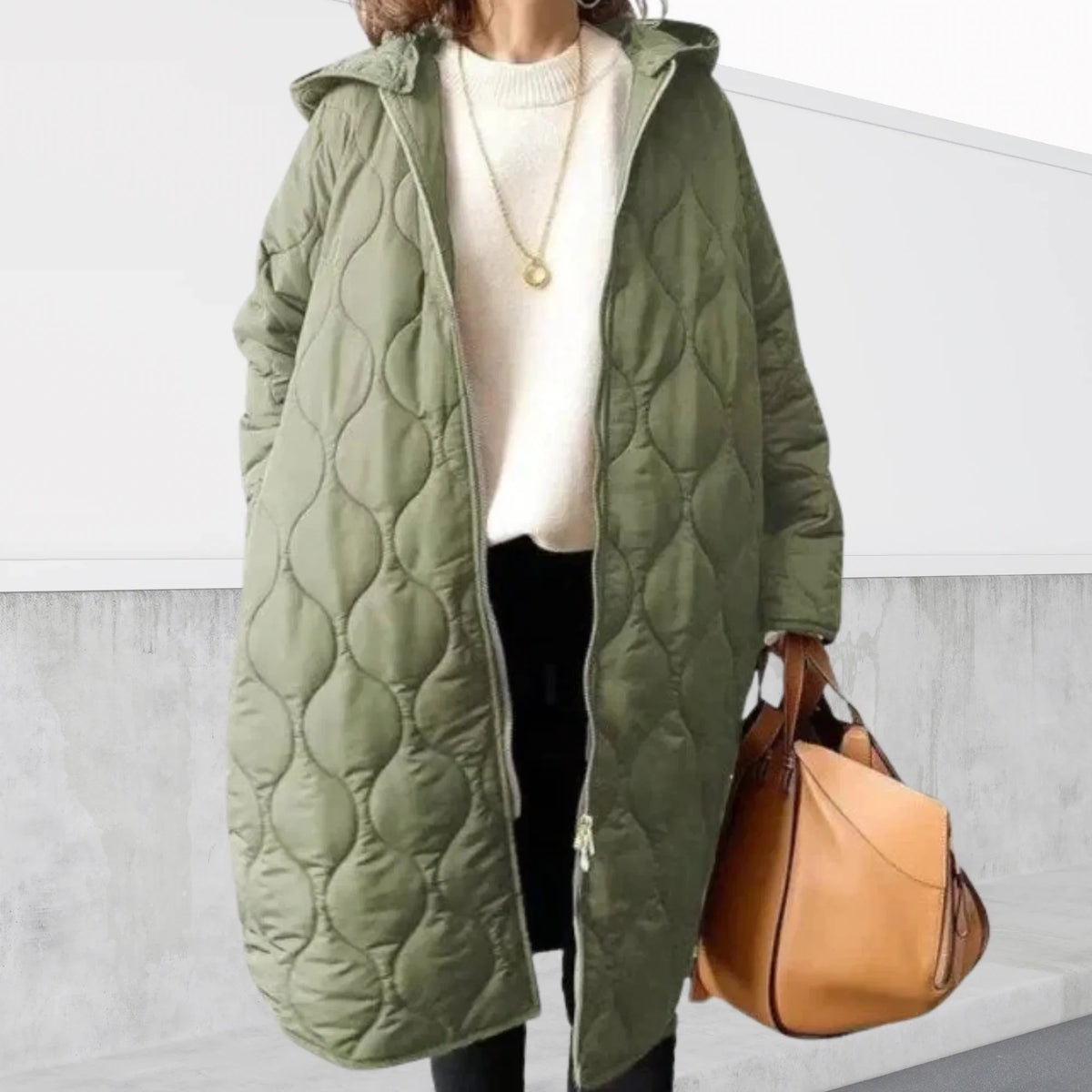 Women's quilted oversized winter puffer coat with hooded full-zip design – Light green