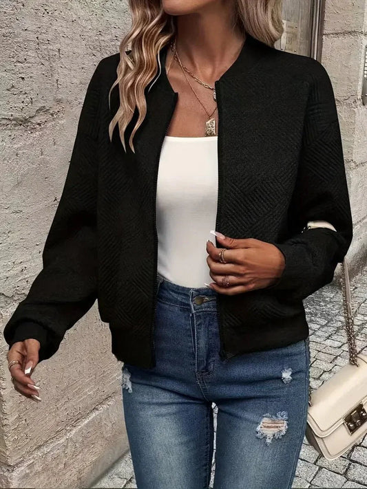 Women's quilted zip-up bomber jacket textured cropped – Black