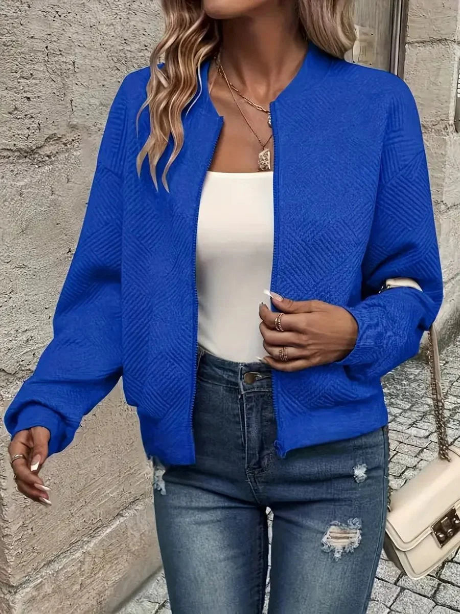Women's quilted zip-up bomber jacket textured cropped – Blue