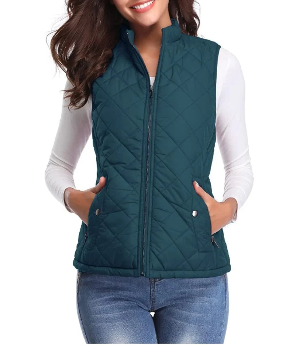 Women's quilted zip-up lightweight puffer vest stand collar – Ocean Blue