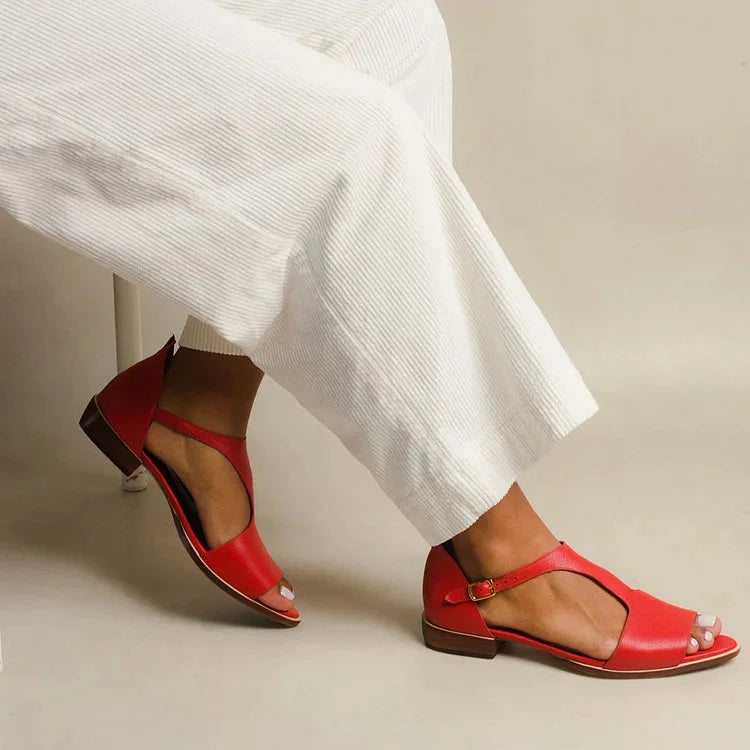 Women's leather flat sandals with T-strap open-toe and buckle – Red