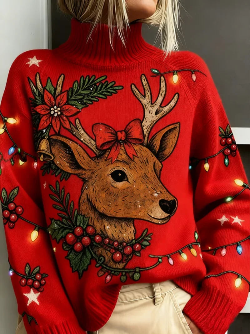 Women's reindeer print knit sweater with turtleneck design – Red