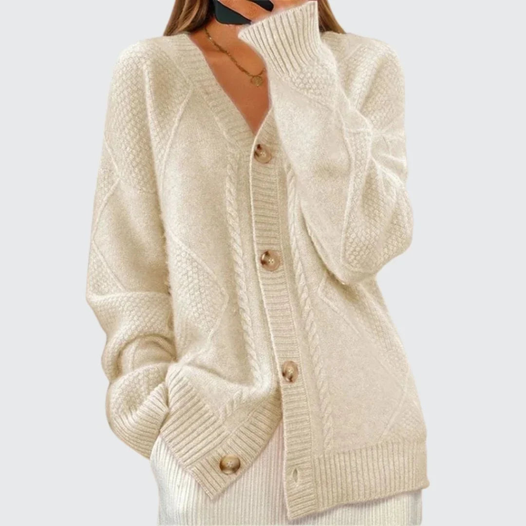 Women's relaxed-fit cable knit cardigan sweater with V-neck button-front