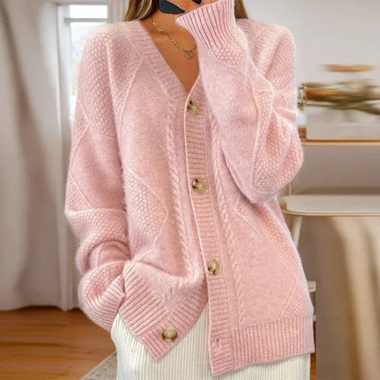 Women's relaxed-fit cable knit cardigan sweater with V-neck button-front – Pink