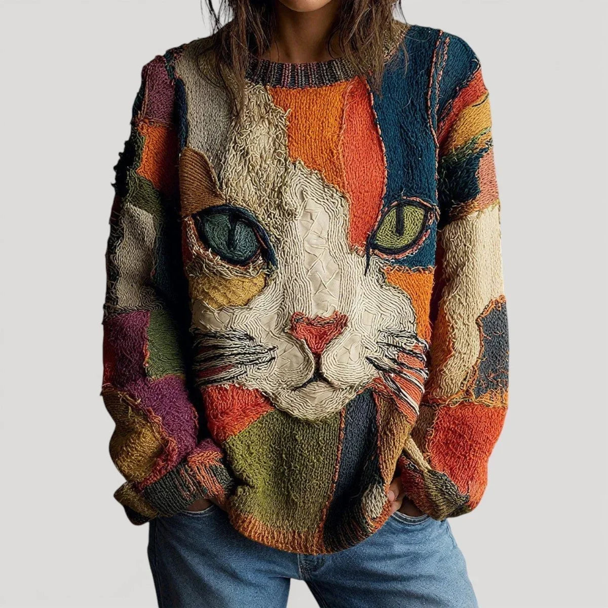 Women's relaxed-fit cat graphic crewneck knit sweater – Multicolor