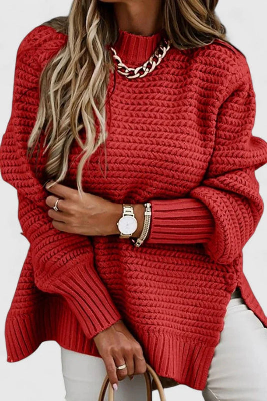 Women's relaxed-fit chunky knit sweater with mock neck and side-slit hem – Red
